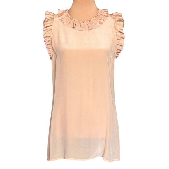 TWELVE COUTURE Sleeveless Ruffle Top Sz.M Peach Blush 100% Silk Coquette Preppy - Picture 9 of 9
